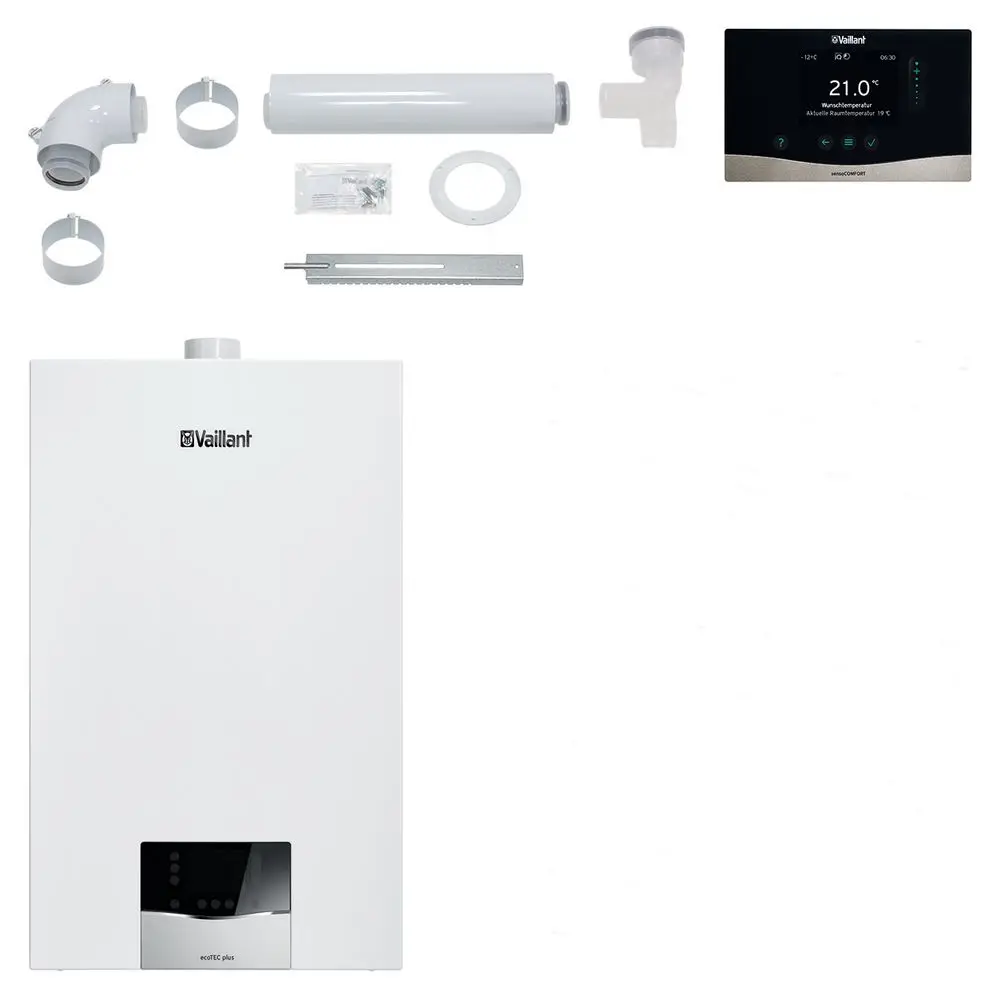 Weiße Vaillant Gastherme mit Zubehörteilen wie Abgasrohr, Anschlussstück und Steuergerät, die für Heizungs- und Warmwassersysteme verwendet werden.